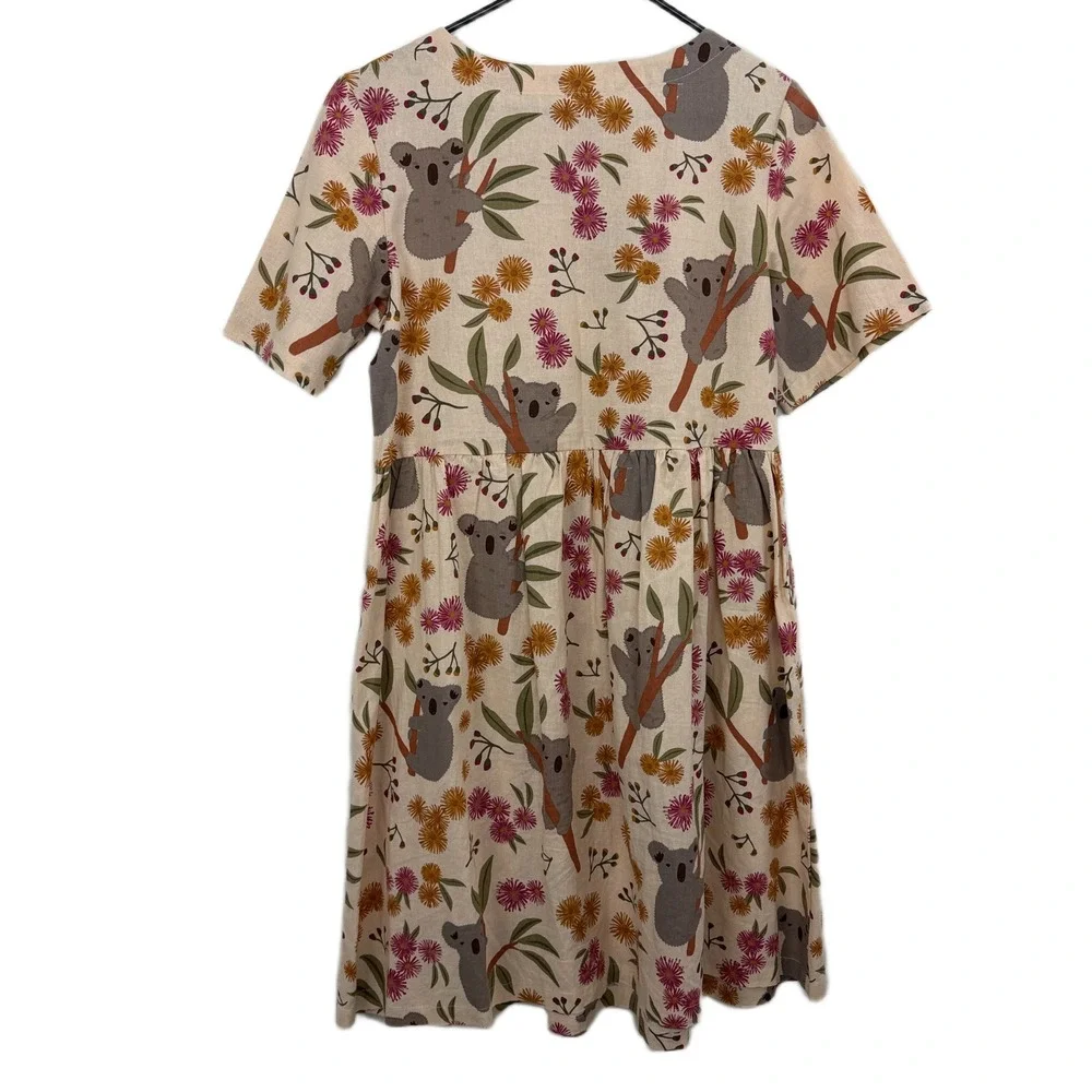 Princess Highway Linen Dress Womens 8 Peach Koala Floral Print Short Sleeve Boho - Picture 8 of 10